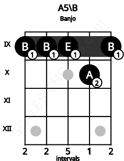 Fretboard image for the A5\B chord on banjo frets: 9 9 9 10 9