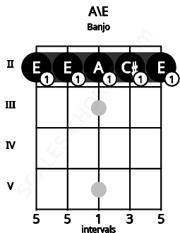 Fretboard image for the A\E chord on banjo frets: 2 2 2 2 2