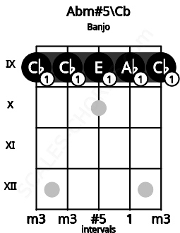 Fretboard image for the Abm#5\Cb chord on banjo frets: 9 9 9 9 9