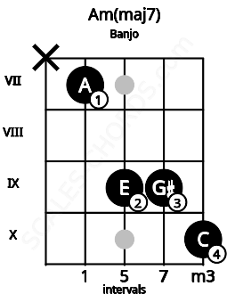 Fretboard image for the Am(maj7) chord on banjo frets: x 7 9 9 10