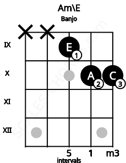 Fretboard image for the Am\E chord on banjo frets: x x 9 10 10