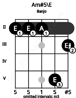 Fretboard image for the Am#5\E chord on banjo frets: 2 2 2 5 3