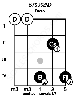 Fretboard image for the B7sus2\D chord on banjo frets: 0 0 4 2 4