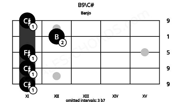 Fretboard image for the B9\C# chord on banjo frets: 11 11 11 12 11