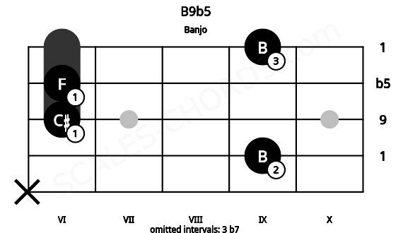 Fretboard image for the B9b5 chord on banjo frets: x 9 6 6 9