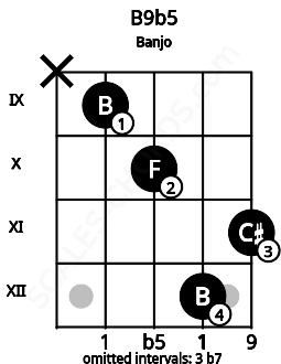 Fretboard image for the B9b5 chord on banjo frets: x 9 10 12 11