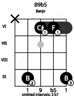Fretboard image for the B9b5 chord on banjo frets: x 9 6 6 9