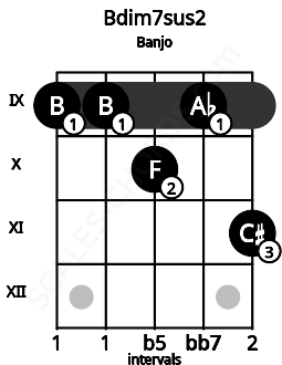 Fretboard image for the Bdim7sus2 chord on banjo frets: 9 9 10 9 11