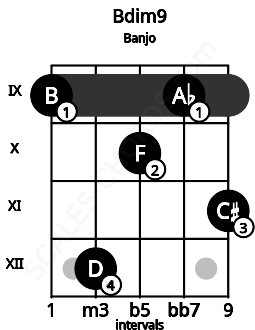 Fretboard image for the Bdim9 chord on banjo frets: 9 12 10 9 11