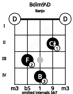 Fretboard image for the Bdim9\D chord on banjo frets: 0 3 4 2 0