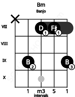Fretboard image for the Bm chord on banjo frets: x 9 7 7 9