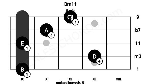 Fretboard image for the Bm11 chord on banjo frets: 9 12 9 10 11