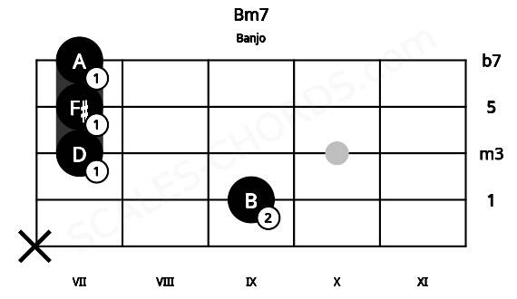 Fretboard image for the Bm7 chord on banjo frets: x 9 7 7 7