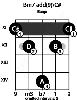 Fretboard image for the Bm7 add(9)\C# chord on banjo frets: 11 12 14 12 11