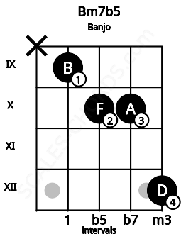 Fretboard image for the Bm7b5 chord on banjo frets: x 9 10 10 12