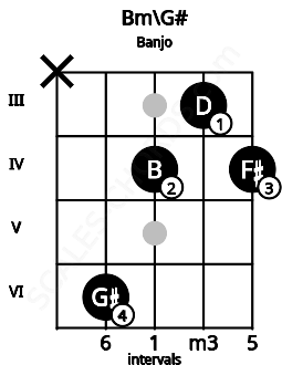 Fretboard image for the Bm\G# chord on banjo frets: x 6 4 3 4