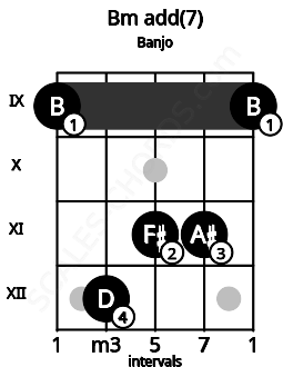 Fretboard image for the Bm add(7) chord on banjo frets: 9 12 11 11 9