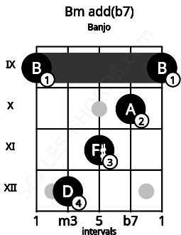 Fretboard image for the Bm add(b7) chord on banjo frets: 9 12 11 10 9
