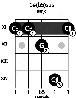 Fretboard image for the C#(b5)sus chord on banjo frets: 11 11 12 14 11
