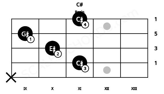Fretboard image for the C# chord on banjo frets: x 11 10 9 11