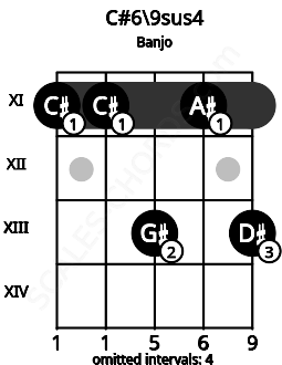 Fretboard image for the C#6/9sus4 chord on banjo frets: 11 11 13 11 13