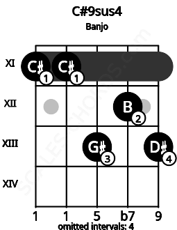 Fretboard image for the C#9sus4 chord on banjo frets: 11 11 13 12 13