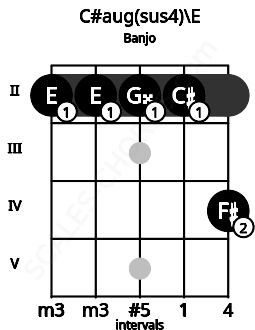 Fretboard image for the C#aug(sus4)\E chord on banjo frets: 2 2 2 2 4
