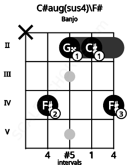 Fretboard image for the C#aug(sus4)\F# chord on banjo frets: x 4 2 2 4