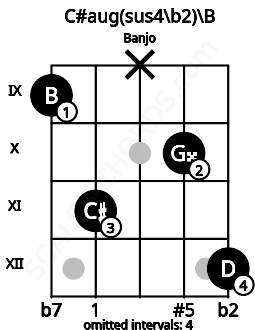 Fretboard image for the C#aug(sus4/b2)\B chord on banjo frets: 9 11 x 10 12