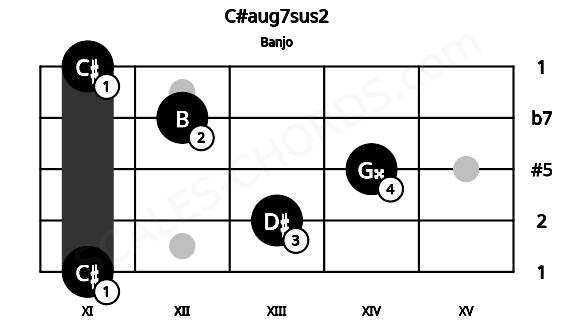 Fretboard image for the C#aug7sus2 chord on banjo frets: 11 13 14 12 11