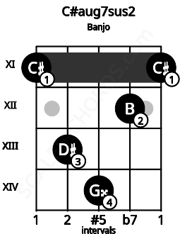 Fretboard image for the C#aug7sus2 chord on banjo frets: 11 13 14 12 11