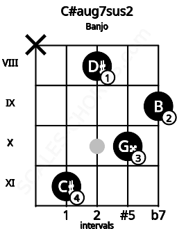 Fretboard image for the C#aug7sus2 chord on banjo frets: x 11 8 10 9