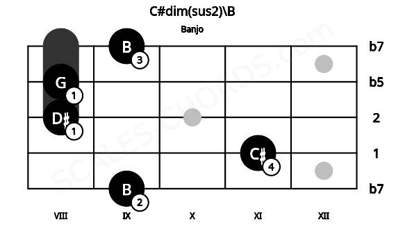 Fretboard image for the C#dim(sus2)\B chord on banjo frets: 9 11 8 8 9