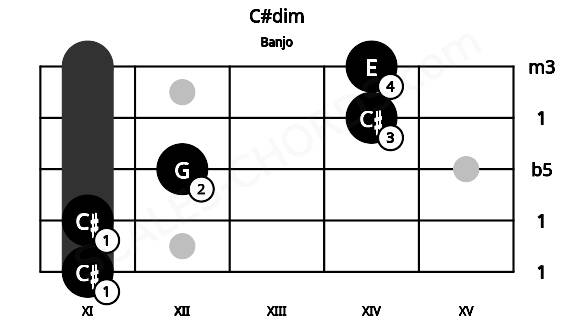 Fretboard image for the C#dim chord on banjo frets: 11 11 12 14 14