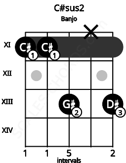 Fretboard image for the C#sus2 chord on banjo frets: 11 11 13 x 13