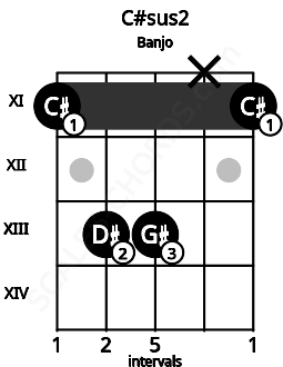 Fretboard image for the C#sus2 chord on banjo frets: 11 13 13 x 11