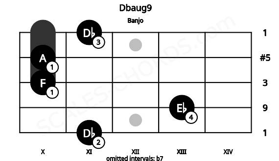 Fretboard image for the Dbaug9 chord on banjo frets: 11 13 10 10 11
