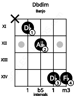 Fretboard image for the Dbdim chord on banjo frets: x 11 12 14 14