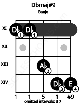 Fretboard image for the Dbmaj#9 chord on banjo frets: 11 11 13 14 14