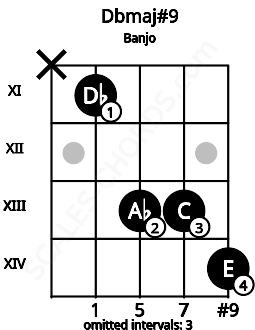Fretboard image for the Dbmaj#9 chord on banjo frets: x 11 13 13 14