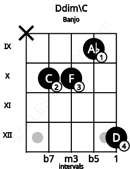 Fretboard image for the Ddim\C chord on banjo frets: x 10 10 9 12
