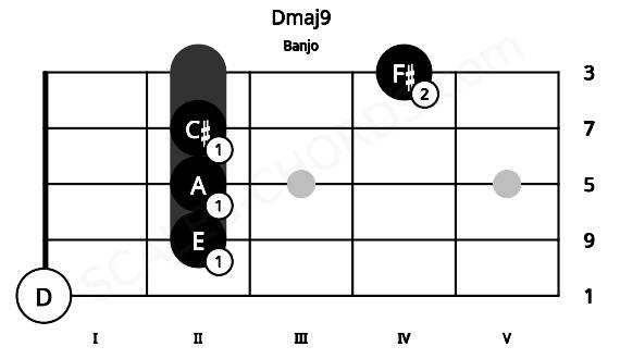 Fretboard image for the Dmaj9 chord on banjo frets: 0 2 2 2 4