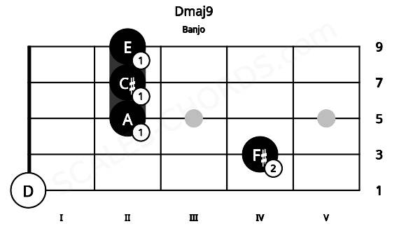 Fretboard image for the Dmaj9 chord on banjo frets: 0 4 2 2 2
