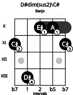 Fretboard image for the D#dim(sus2)\C# chord on banjo frets: 11 13 10 10 11