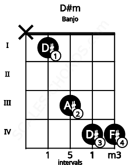 Fretboard image for the D#m chord on banjo frets: x 1 3 4 4