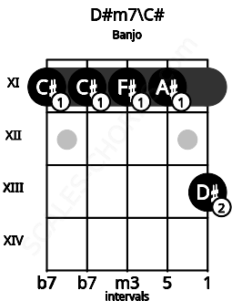 Fretboard image for the D#m7\C# chord on banjo frets: 11 11 11 11 13
