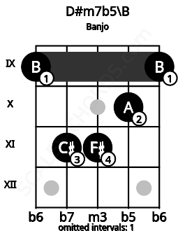 Fretboard image for the D#m7b5\B chord on banjo frets: 9 11 11 10 9