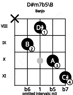 Fretboard image for the D#m7b5\B chord on banjo frets: x 9 8 10 11