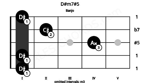 Fretboard image for the D#m7#5 chord on banjo frets: 1 1 4 2 1