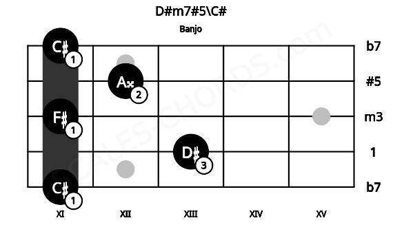 Fretboard image for the D#m7#5\C# chord on banjo frets: 11 13 11 12 11
